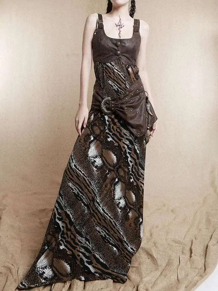 Women Coffee Leopard Printed Long Spaghetti Strap Dress New Square Collar Sleeveless Fashion Spring Autumn 2025 1DH8446