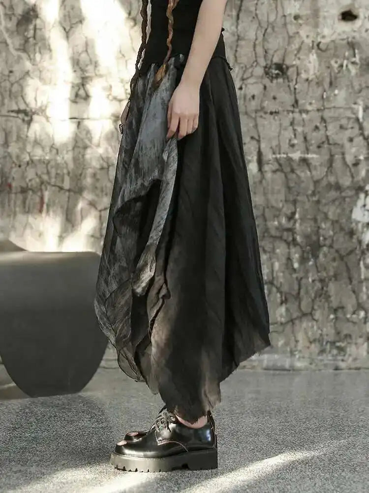 High Elastic Waist Black Irregular Printed Pleated Vintage Half-body Skirt Women Fashion New Spring Autumn 2025 1DF6823