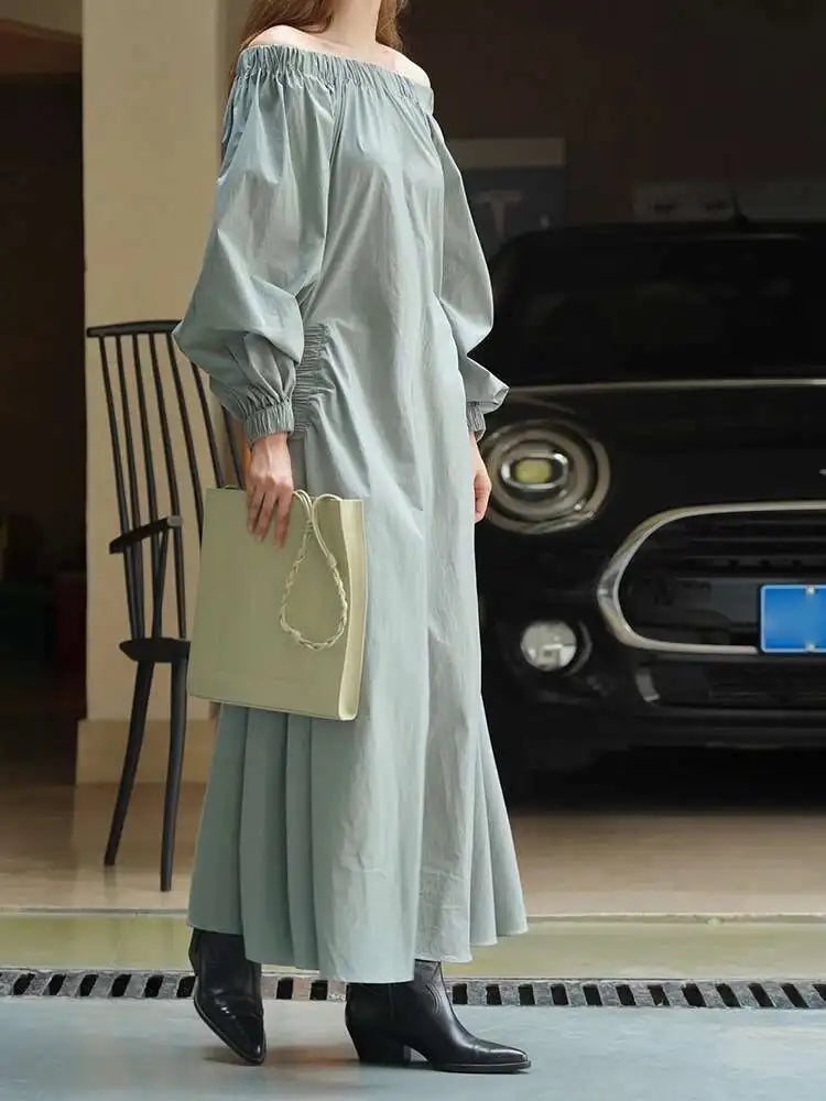 Women Black Brief Long Elegant Dress New Slash Neck Long Puff Sleeve Loose Fit Fashion Tide Spring Autumn 2025 1DF9947