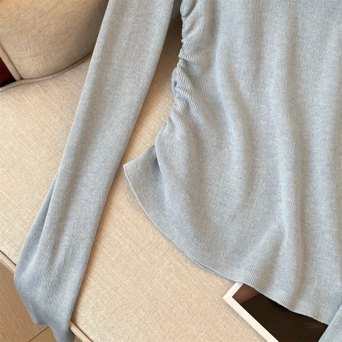 Spring Elegant Blue Pink Long Sleeve Versatile Slim Pullover Tops Fashion Women's Off Shoulder Pleated Knit Sweater Simplicity