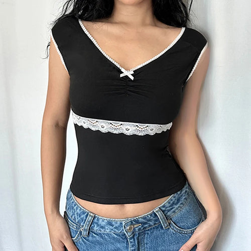 Load image into Gallery viewer, Vintage Fashion Skinny Summer Tank Top Bow Lace Spliced Y2K Aesthetic Vest Sleeveless 2000s Outfits Basic Sweet Tees
