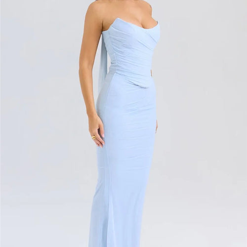 Load image into Gallery viewer, Wine Red Sexy Two Piece Sets Women Neckerchief Strapless Crop Tops And Maxi Skirt Sets Club Party Skirt Two Piece Sets
