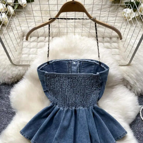 Load image into Gallery viewer, Women Blue Gray Sexy Club Vacation Denim Slim Short Halter Tops Summer Black Backless Ruffle Edge Party Jean Vest Streetwear New
