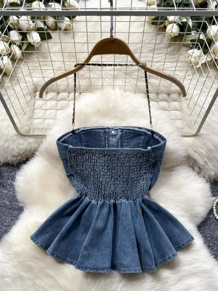 Women Blue Gray Sexy Club Vacation Denim Slim Short Halter Tops Summer Black Backless Ruffle Edge Party Jean Vest Streetwear New