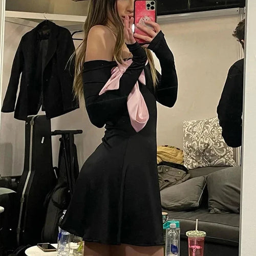 Load image into Gallery viewer, Pink Bow Tie Off Shoulder Short Dress Women Long Sleeve French Style Spring Dresses 2024 Coquette Y2k Clothes P85-CD24
