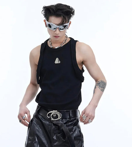 Summer Male Tank Tops Metal Design Double Straps Tops Sleeveless O-neck Solid Color Men's Vest Niche Style 9C6749