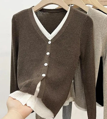 French Women Autumn Winter 2024 Elegant Single Breasted V-neck Patchwork Knitted Sweater Fashion Solid Cardigan Tops Popular New