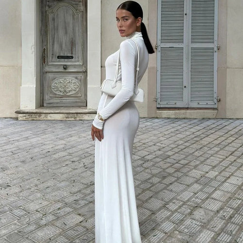 Load image into Gallery viewer, Turtleneck Long Sleeve Maxi Dress Women Gown Autumn Winter New Solid Sexy Long Dress Femme Fashion Floor-length Dress
