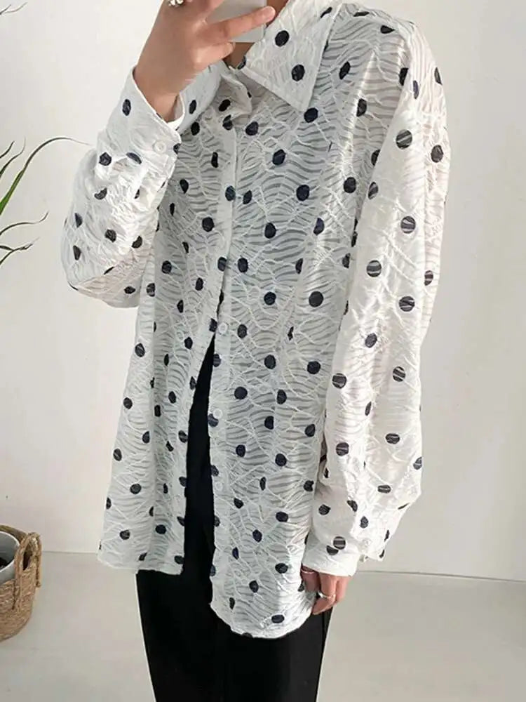 Women White Dot Big Size Elegant Blouse New Lapel Long Sleeve Loose Fit Shirt Fashion Tide Spring Autumn 2025 1DF7781