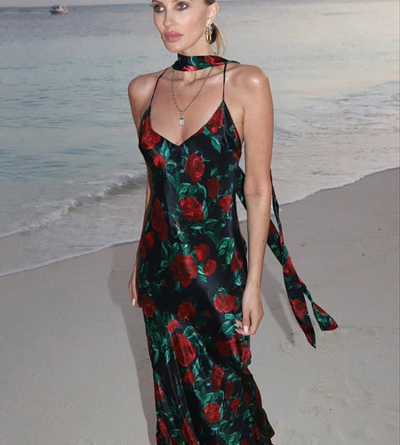 Halter Backless Print Sexy Maxi Dress For Women Gown Elegant Sleeveless High Waist Evening Club Party Long Dress