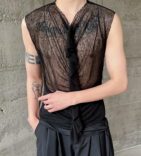 Summer Mesh Pullover Sleeveless Tank Top Lace Perspective Slim Fit Top V-neck Stylish Sexy Men's Wear 9C5995