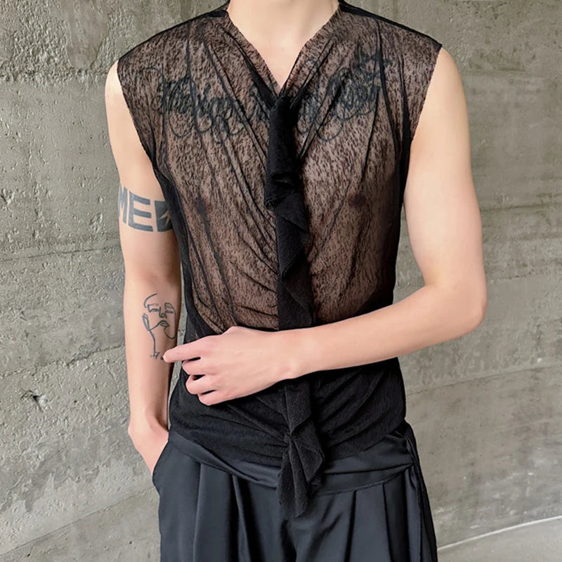 Summer Mesh Pullover Sleeveless Tank Top Lace Perspective Slim Fit Top V-neck Stylish Sexy Men's Wear 9C5995