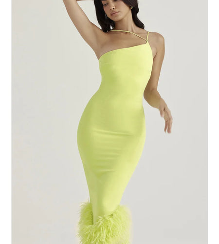 Elegant Spaghetti Strap Feather Midi Dress For Women Robe Fashion Sexy Backless Bodycon Club Party Dress Vestido