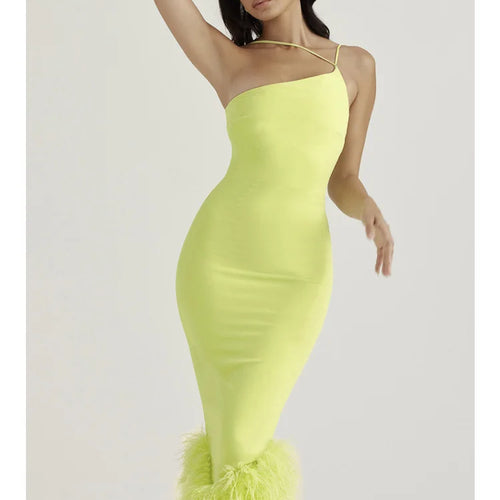 Load image into Gallery viewer, Elegant Spaghetti Strap Feather Midi Dress For Women Robe Fashion Sexy Backless Bodycon Club Party Dress Vestido
