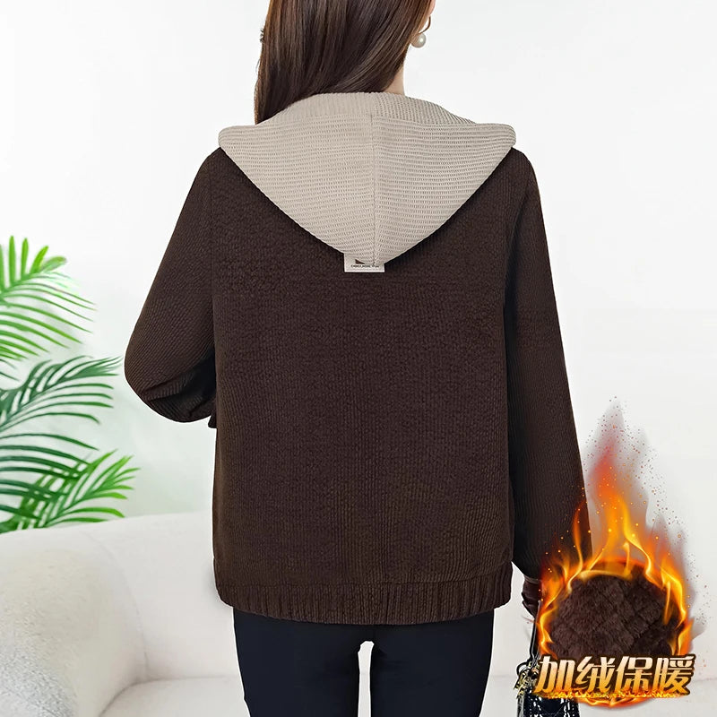 Korean Autumn Winter Black Brown Velvet Thick Zipper Short Coat For Women 2024 Popular Trend Red Loose Casual Hooded Tops Jacket