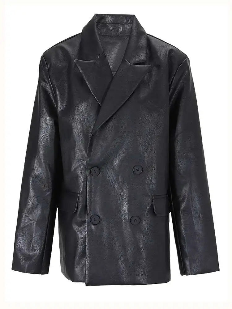 Women Black Pu Leather Big Size Blazer New Lapel Long Sleeve Loose Fit Jacket Fashion Tide Spring Autumn 2025 CPG0476