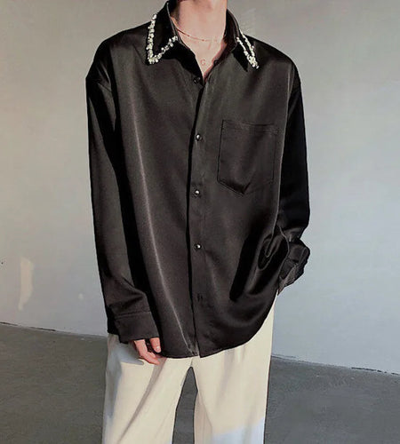 Korean Men's Shirts Long Sleeve New Summer Bead Decoration Turn-down Collar Trendy Single Breasted Male Clothing 9W1701