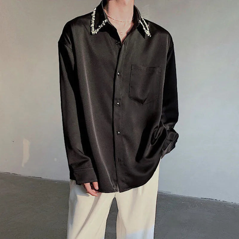 Korean Men's Shirts Long Sleeve New Summer Bead Decoration Turn-down Collar Trendy Single Breasted Male Clothing 9W1701