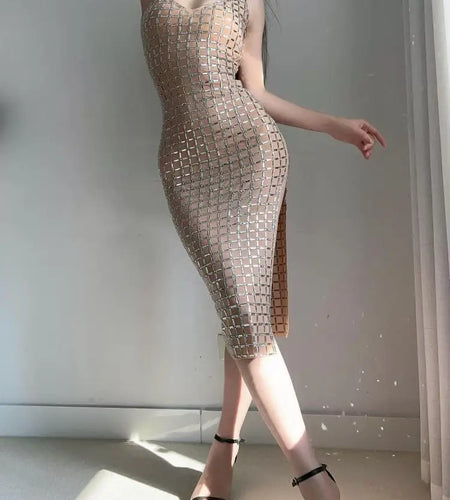 Summer French 2024 Khaki V Neck Sleeveless Party Slip Long Dress Women New Sexy Backless Slim Festival Wrap Hip Split Dress Chic