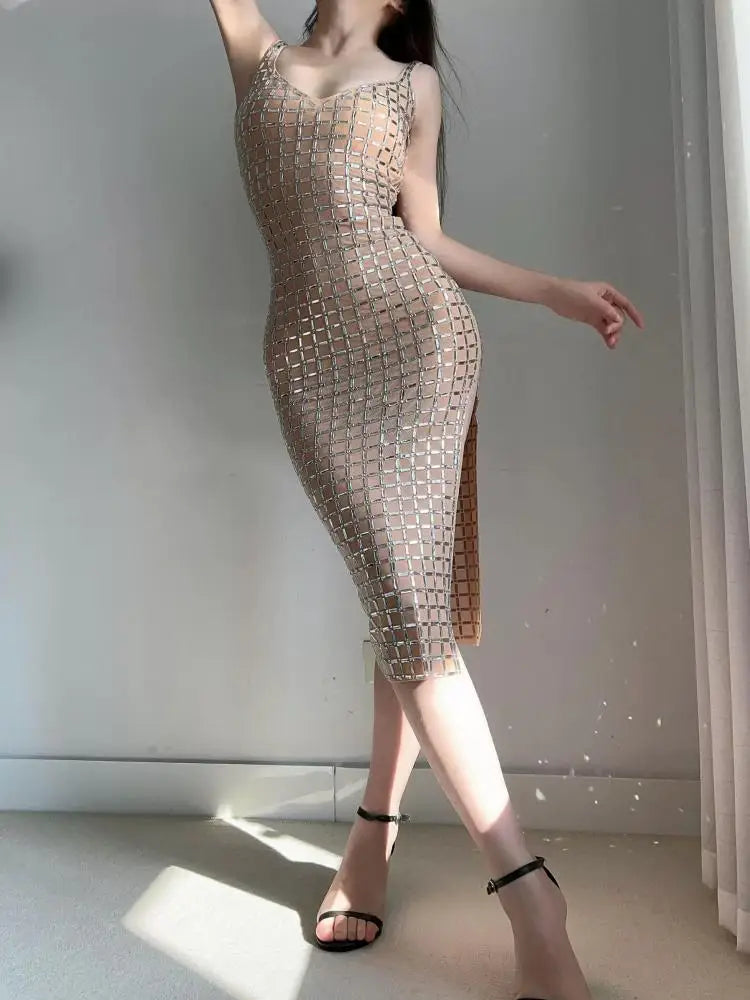 Summer French 2024 Khaki V Neck Sleeveless Party Slip Long Dress Women New Sexy Backless Slim Festival Wrap Hip Split Dress Chic