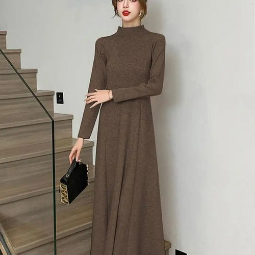 Load image into Gallery viewer, Solid Knitted Sweater Dresses For Women Party Clothing Half Turtleneck Autumn Winter 2023 A-line Warm Long Dress Vintage Casual
