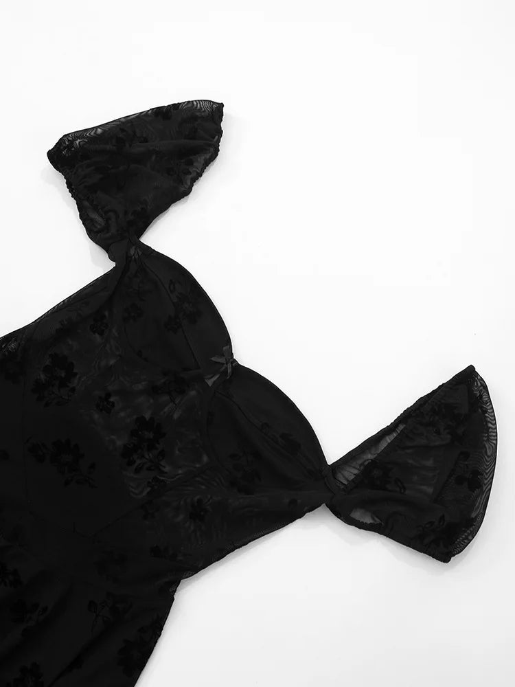 See Through Lace Sexy Mini Dress Women Patchwork Short Sleeve Square Collar Backless High Waist Pleated Club Dress