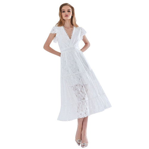 Load image into Gallery viewer, White Hollow Out Elegant Long Dress For Women V Neck Short Sleeve High Waist Ruffle Trim Spring Dresses Female
