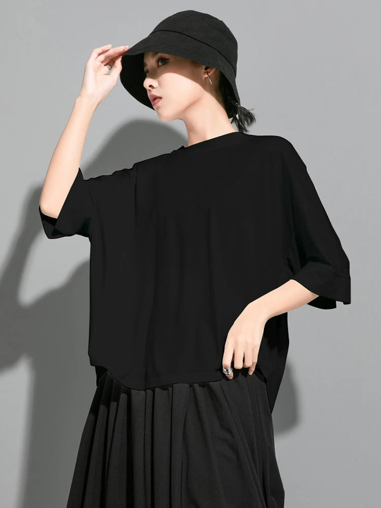 Women White Irregular Big Size T-shirt New Round Neck Three-quarter Batwing Sleeve Fashion Tide Spring Summer 20251DJ1823