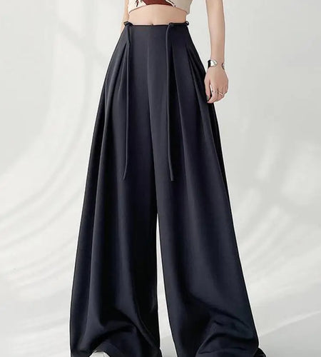 Spring Summer Women's Black Gray Plus Size Wide Leg Long Pants Fashion Minimalist Straight Lace-up Pleated Trousers Streetwear 