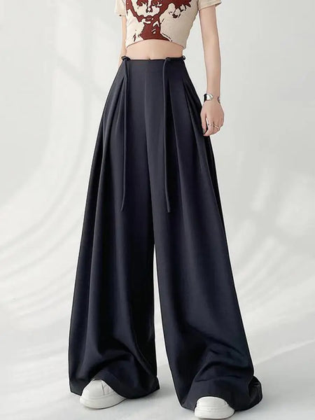 Spring Summer Women's Black Gray Plus Size Wide Leg Long Pants Fashion Minimalist Straight Lace-up Pleated Trousers Streetwear 