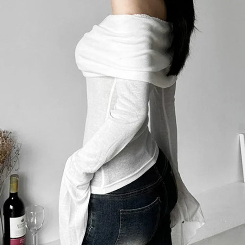 Load image into Gallery viewer, Y2k Aesthetic Women Translucence Tee Shirts Slash Neck Long Sleeve Solid Casual T-Shirts Vintage Off Shoulder Sexy Cute Tshirts
