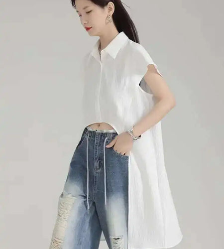 Women White Back Long Irregular Hem Big Size Blouse New Lapel Short Sleeve Shirt Fashion Tide Spring Summer 2025 1DH5972