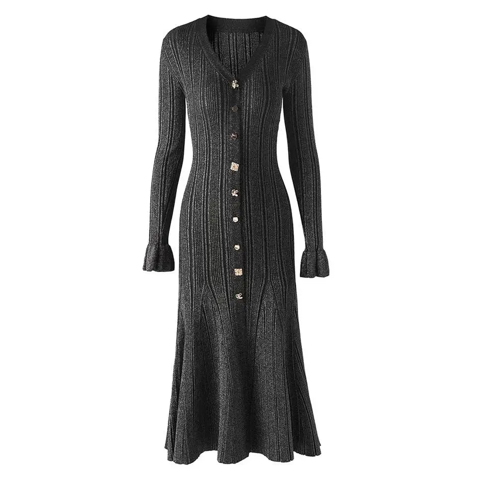 French Autumn 2024 New Women's Black Beige Single Breasted Temperament Knitted Dress Elegant Slim Office Lady Long Sleeve Dress