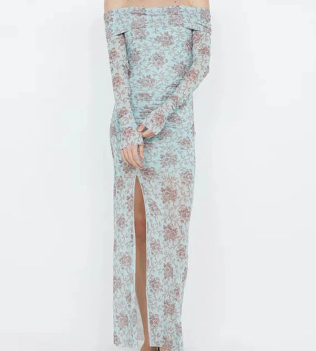 Hit Color Printing Slimming Dresses For Women Slash Neck Long Sleeve High Waist Temperament Dress Female Fashion