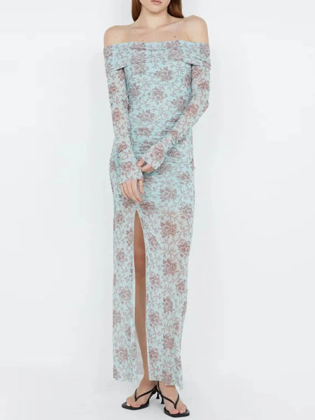 Hit Color Printing Slimming Dresses For Women Slash Neck Long Sleeve High Waist Temperament Dress Female Fashion