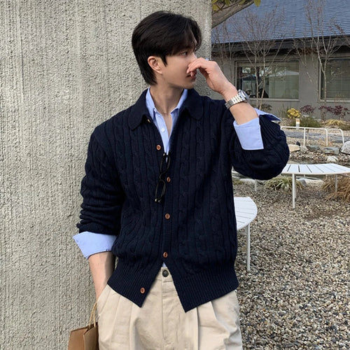 Load image into Gallery viewer, Solid Color Men's Sweaters Lapel Knitting Korean Style Single Breasted Twisted Casual Male Cardigan Spring Menswear 9W1231
