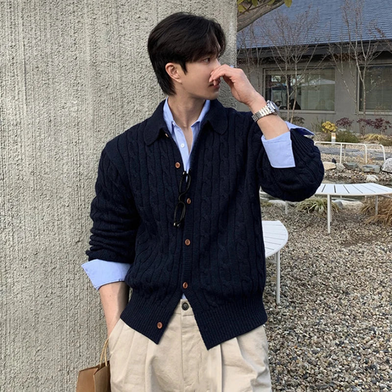 Solid Color Men's Sweaters Lapel Knitting Korean Style Single Breasted Twisted Casual Male Cardigan Spring Menswear 9W1231