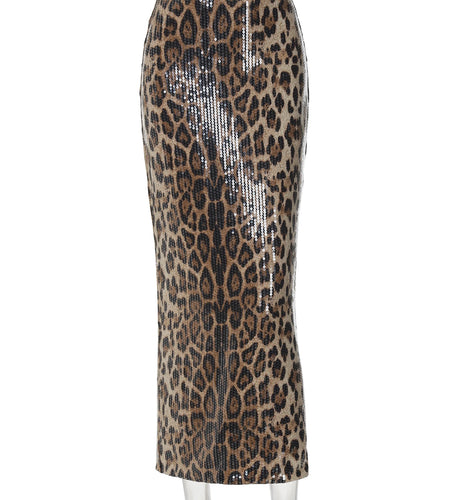 Sequined Leopard Print High Waist Slit Sexy Slim Maxi Skirt Autumn Women Fashion Outfits Streetwear Party Vacation