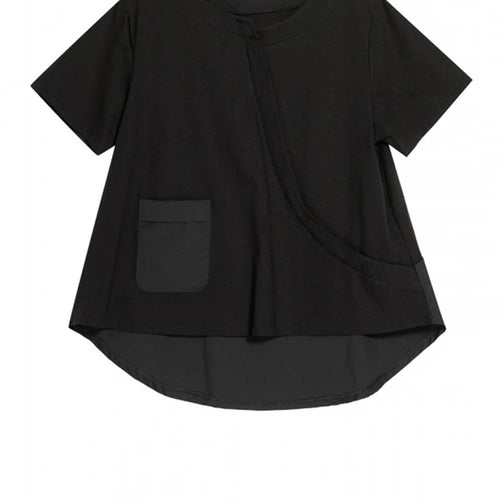 Load image into Gallery viewer, Women Black Pocket Irregular Hem Big Size Casual T-shirt New Round Neck Short Sleeve Fashion Spring Summer 2025 1DJ1791
