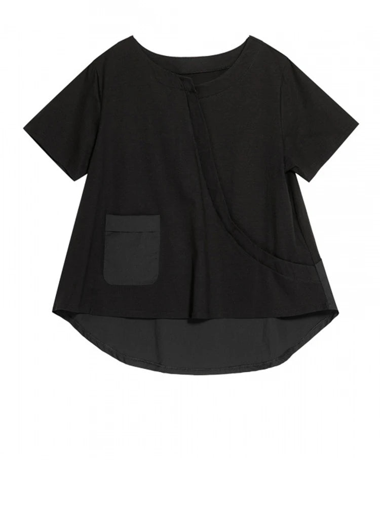 Women Black Pocket Irregular Hem Big Size Casual T-shirt New Round Neck Short Sleeve Fashion Spring Summer 2025 1DJ1791