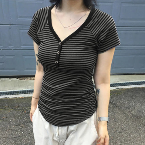 Load image into Gallery viewer, Korean Fashion Striped V-Neck With Buttons Slimming T-shirts Women&#39;s Summer Short Sleeve Top Tees Y2K Aesthetics New
