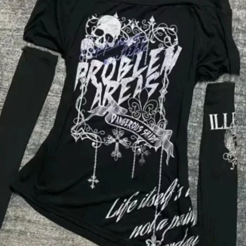 Load image into Gallery viewer, Fashion Y2k Aesthetic Oversleeve T-Shirts Slash Neck Gothic Skull Letter Print T Shirt Punk Harajuku Irregular Tees Streetwear
