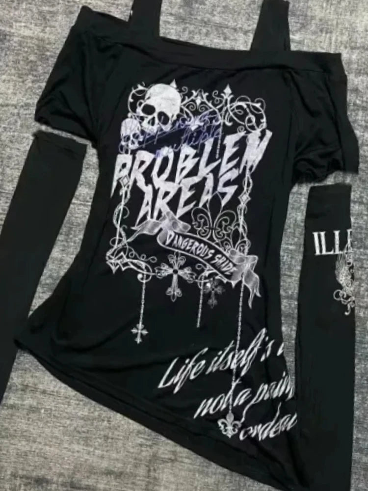 Fashion Y2k Aesthetic Oversleeve T-Shirts Slash Neck Gothic Skull Letter Print T Shirt Punk Harajuku Irregular Tees Streetwear