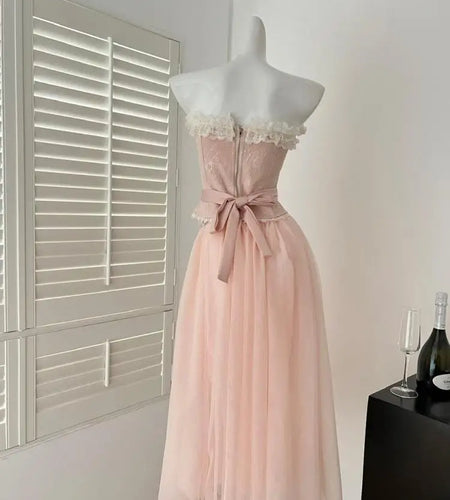 Summer Women French Vintage Pink Patchwork Lace Sexy Backless Strapless Short Tops High Waist Long Mesh Skirt 2025 Two-piece Set