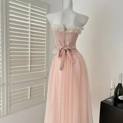 Load image into Gallery viewer, Summer Women French Vintage Pink Patchwork Lace Sexy Backless Strapless Short Tops High Waist Long Mesh Skirt 2025 Two-piece Set
