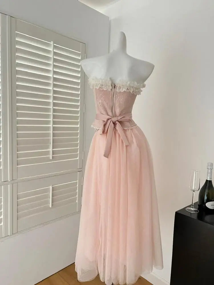 Summer Women French Vintage Pink Patchwork Lace Sexy Backless Strapless Short Tops High Waist Long Mesh Skirt 2025 Two-piece Set