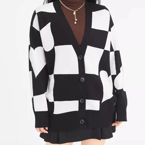 Load image into Gallery viewer, Soliaten V-neck Plaid Checkerboard Oversized Cardigan Women Autumn Winter Single Breasted Ladies Long Sweter Jumper  C-174
