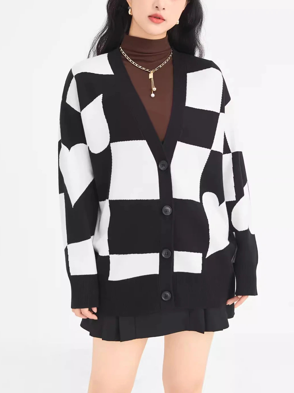 Soliaten V-neck Plaid Checkerboard Oversized Cardigan Women Autumn Winter Single Breasted Ladies Long Sweter Jumper  C-174