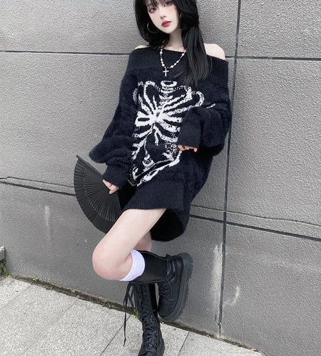 Grunge Sweater Fashion Streetwear Y2k Aesthetic Blackpullover Skull Print Gothc Women Jumper Harajuku Loose Knitwear