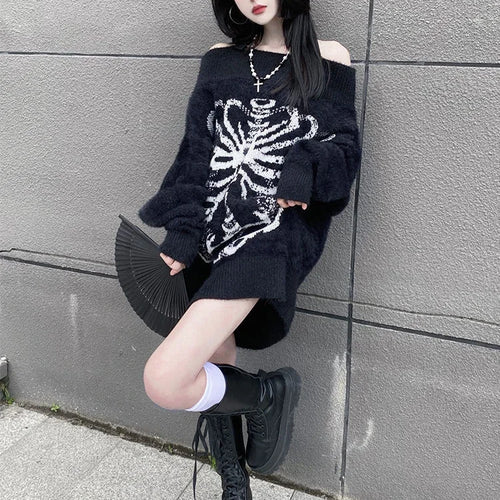 Load image into Gallery viewer, Grunge Sweater Fashion Streetwear Y2k Aesthetic Blackpullover Skull Print Gothc Women Jumper Harajuku Loose Knitwear
